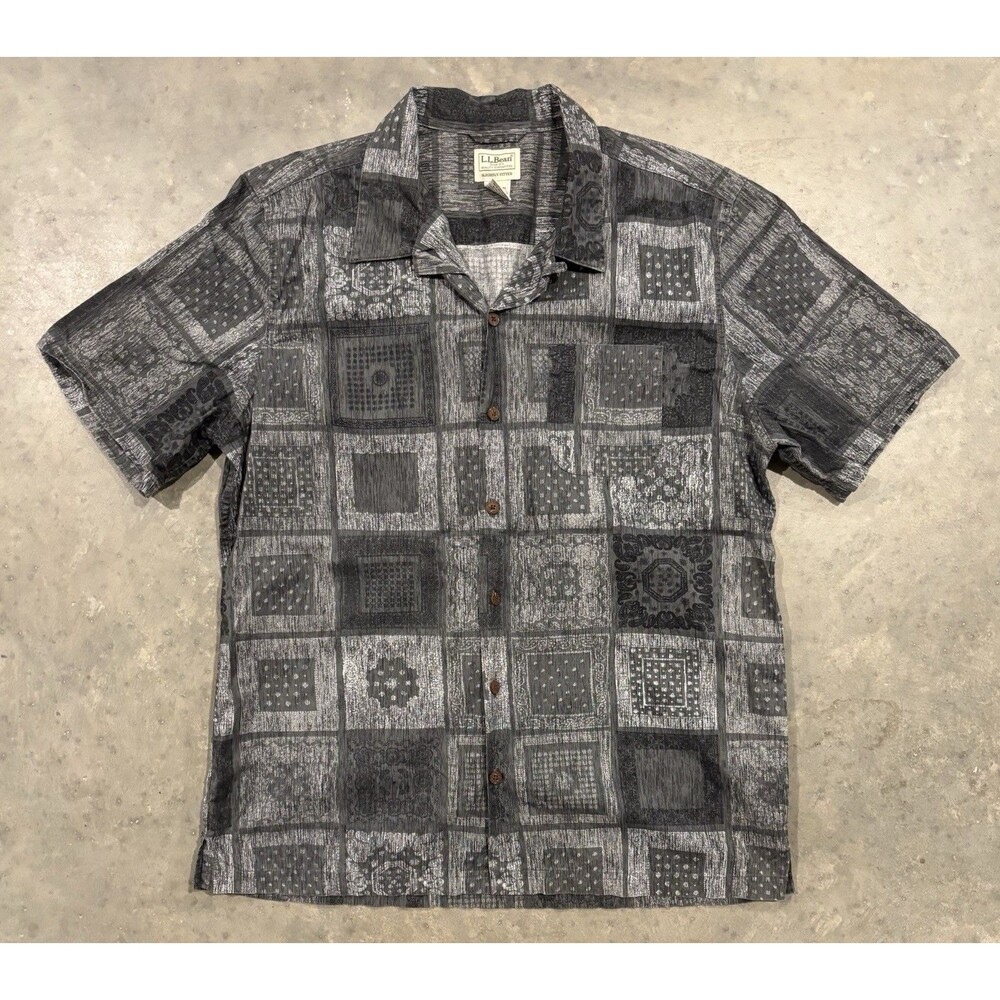 LL Bean Mens Large Gray Bandana Patchwork Short Sleeve Button Down Shirt